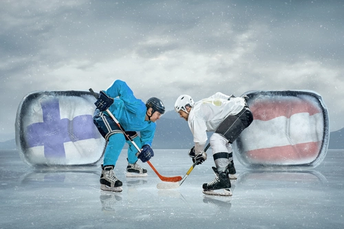 хоккеисты, лёд, клюшки, шайба, флаг, небо, борьба, голубые, белые