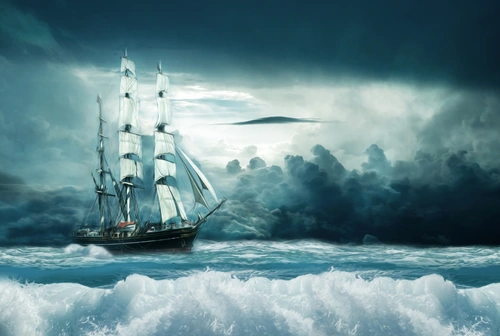 корабль, вода, океан, горизонт, транспорт, судно, лодка, шторм, буря, фэнтази, синие, голубые, белые