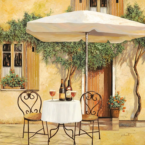 дом, кафе, улица, стол, стулья, вино, бокал с вином, дерево, цветы, окна, желтые
